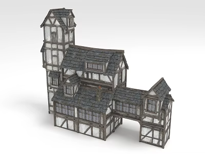 Traditional Timber Frame Building With Tower Multiple Roofs And Arched Entrance 3d model