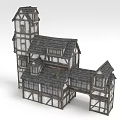 Traditional Timber Frame Building With Tower Multiple Roofs And Arched Entrance