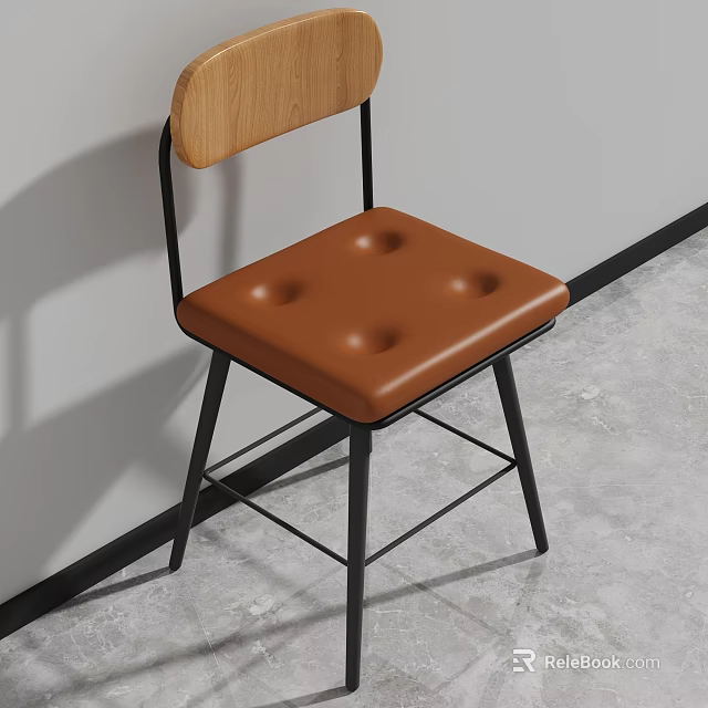 Modern Single Chair With Wooden Backrest Brown Leather Button Tufted Seat And Black Metal Legs 3d model 