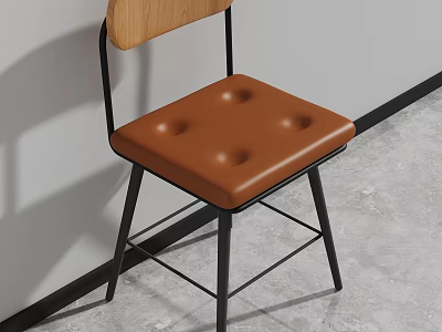 Modern Single Chair With Wooden Backrest Brown Leather Button Tufted Seat And Black Metal Legs 3d model