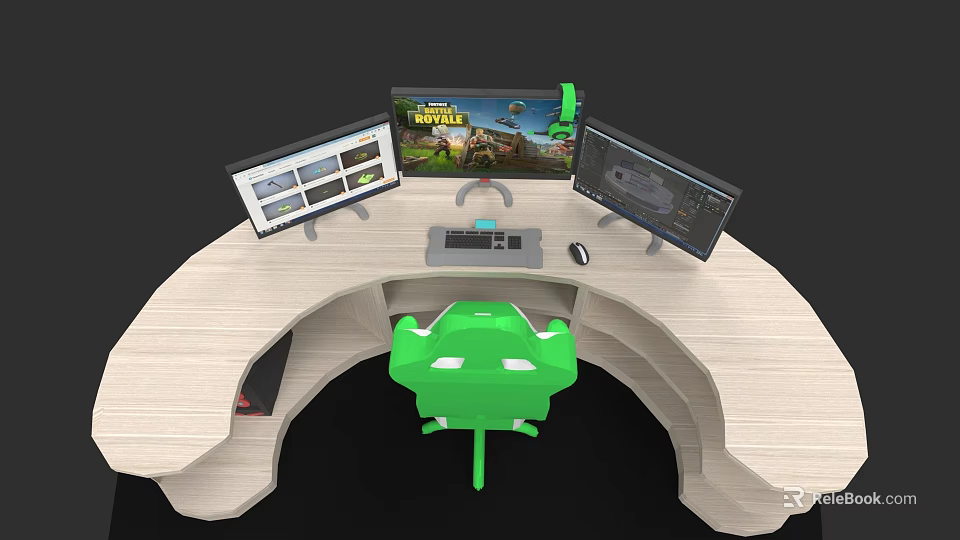 Curved Office Desk Workspace Setup With Multiple Monitors Green Chair And Laptop 3d model 