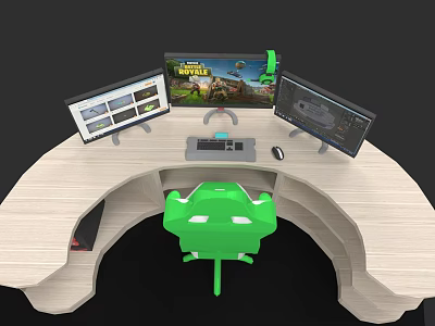 Curved Office Desk Workspace Setup With Multiple Monitors Green Chair And Laptop 3d model