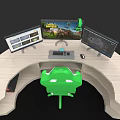 Curved Office Desk Workspace Setup With Multiple Monitors Green Chair And Laptop