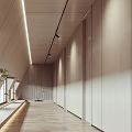Modern Elevator Hallway Interior With Wooden Ceiling Linear Lighting And Blue Vase