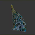 Abstract Blue Geometric Sculpture With Reflective Square Tiles And Modern Design