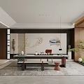 Modern Chinese Leisure Area Interior with Wooden Table Chair Potted Pine Wall Art and Rug