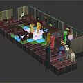 Cartoon Cafe Interior With Tables Chairs Colorful Floor Lights Characters And Decorative Counter