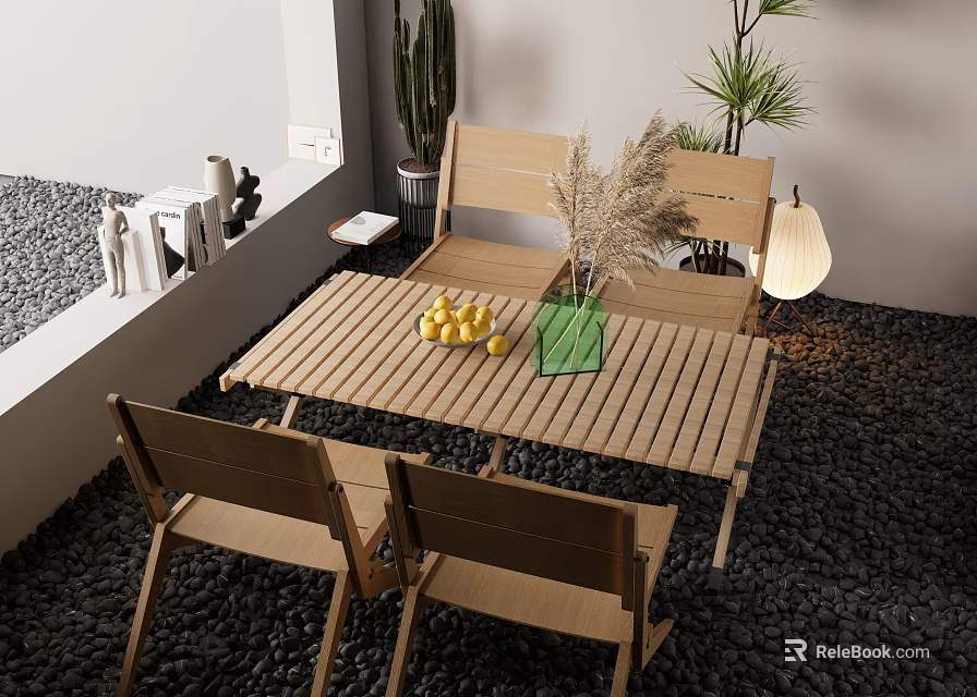 Wooden Table and Chair Set in Outdoor Balcony With Pebble Floor Green Vase and Cactus 3d model 
