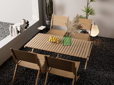 Wooden Table and Chair Set in Outdoor Balcony With Pebble Floor Green Vase and Cactus 3d model