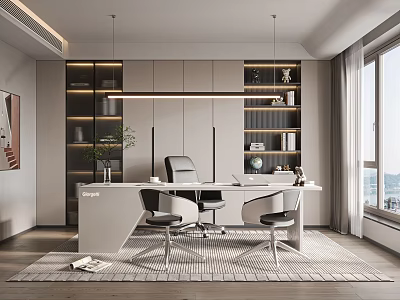 Modern Home Office Interior With White Desk Built In Cabinets Pendant Lights And Large Window 3d model
