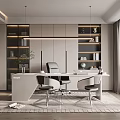 Modern Home Office Interior With White Desk Built In Cabinets Pendant Lights And Large Window