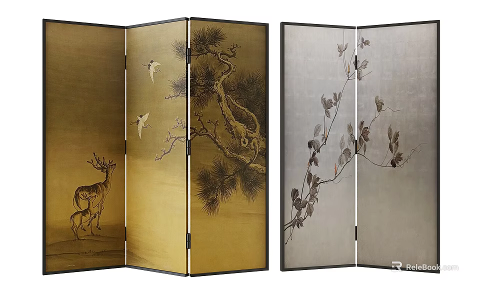 Traditional Asian Screen Featuring Deer Pine Tree Flying Birds And Branch Leaf Patterns 3d model