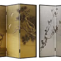 Traditional Asian Screen Featuring Deer Pine Tree Flying Birds And Branch Leaf Patterns 3d model