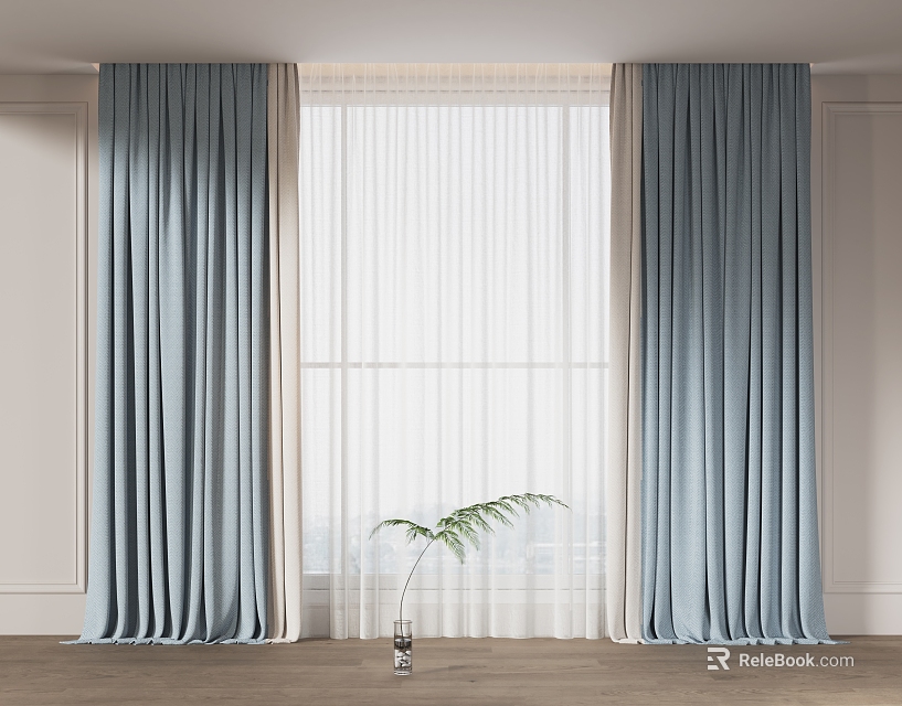 Blue Velvet Curtains With White Sheer Panels In Living Room Window And Small Plant 3d model 