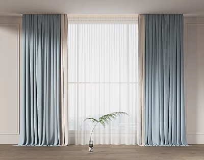 Blue Velvet Curtains With White Sheer Panels In Living Room Window And Small Plant 3d model