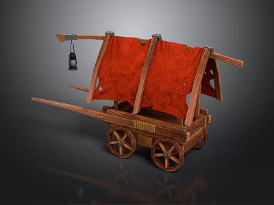 Ancient Wooden Cart With Red Canvas Cover Wooden Wheels And Hanging Lantern 3d model