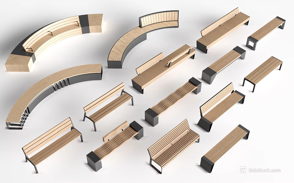 Various Styles of Wooden Leisure Chairs with Curved and Linear Designs and Black Bases 3d model 