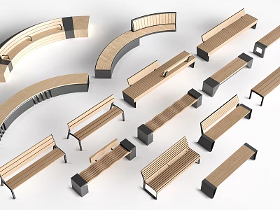 Various Styles of Wooden Leisure Chairs with Curved and Linear Designs and Black Bases 3d model