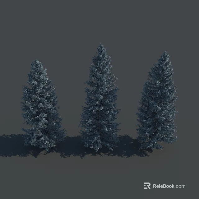 Three Snow Covered Evergreen Trees Standing Against Gray Background with Shadows 3d model 