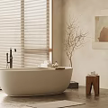 Modern Freestanding Bathtub In Bathroom With Window Blinds Decorative Branch And Wooden Stool