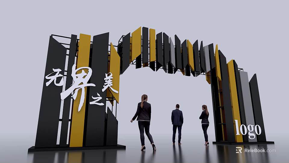 Boundless Beauty Themed Archway with Black Yellow Stripes and People Near Logo 3d model 