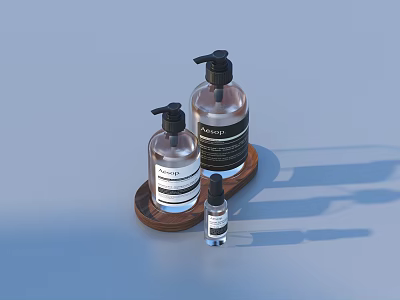 Elegant Perfume Cosmetics Glass Bottles With Black Pumps On Wooden Tray Light Blue Background 3d model