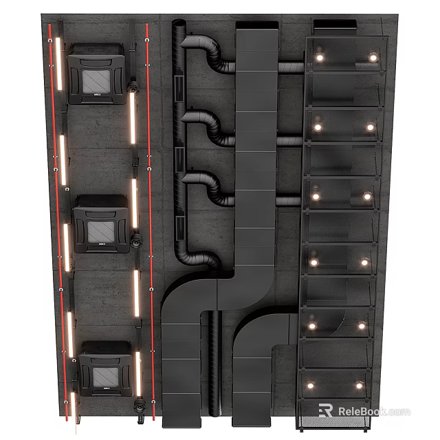 Industrial Modern Ceiling Design With Black Pipes Light Strips And Rectangular Vents 3d model 