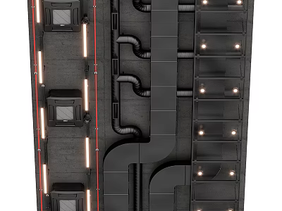 Industrial Modern Ceiling Design With Black Pipes Light Strips And Rectangular Vents 3d model