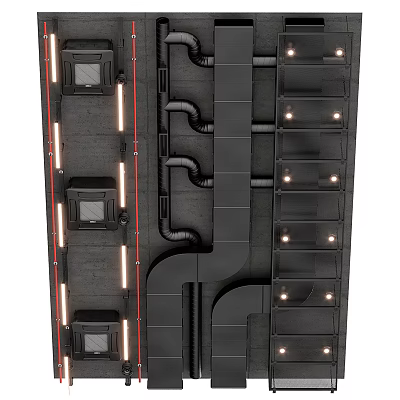 Industrial Modern Ceiling Design With Black Pipes Light Strips And Rectangular Vents 3d model