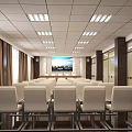 Spacious Conference Room Interior With Arranged White Chairs Large Screen Curtained Windows And Ceiling Lights 3d model