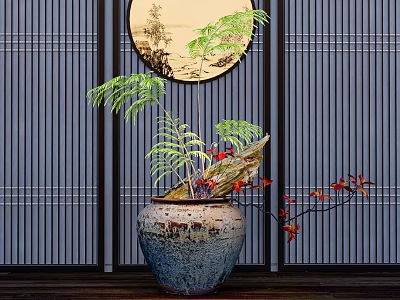 Bonsai Potted Plant With Green Foliage Red Flowers In Ceramic Pot Against Blue Striped Screen 3d model