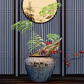 Bonsai Potted Plant With Green Foliage Red Flowers In Ceramic Pot Against Blue Striped Screen