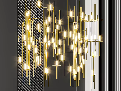 Modern Golden Linear Chandelier With Multiple Metal Strips And Bright Illuminated Lights 3d model