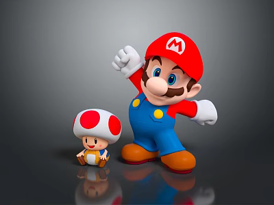 Super Mario Game Character And Mushroom Figure In Red Hat Blue Overalls With Raised Hand 3d model
