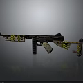 Tactical Gun Featuring Yellow Black Stripes Warning Signs And Decorative Design