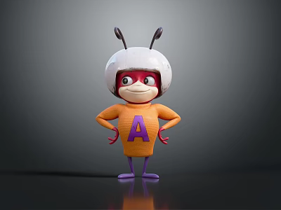 Cartoon Insect Character Wearing White Helmet Red Eyes Orange Shirt With Purple A 3d model