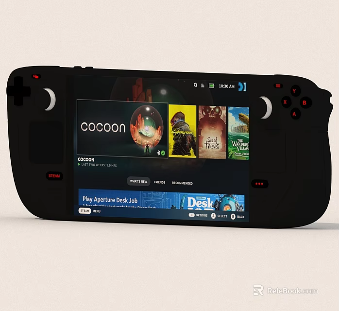 Handheld Gaming Console Screen Displaying Cocoon Game And Adventure Game Hub Icons 3d model