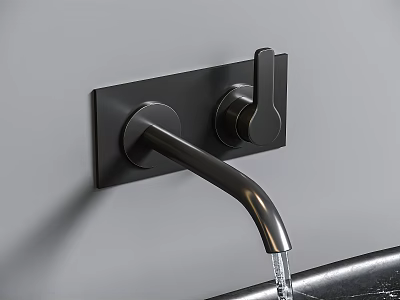 Matte Black Two Handle Wall Mounted Faucet With Water Flowing Over Modern Kitchen Countertop 3d model