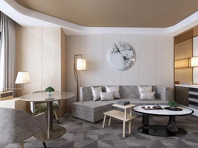 Modern Hotel Guest Room Interior With Cozy Sofa Coffee Table And Decorative Wall Clock 3d model