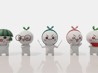 Cute Multiple Character Dolls With Various Expressions Watermelon Headwear Glasses And Colored Headbands 3d model