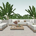 White Outdoor Sofa Set With Wooden Coffee Table And Green Plants In Patio