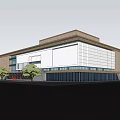 Modern Building Design With Brick Facade Glass Windows Red Entrance And Trees