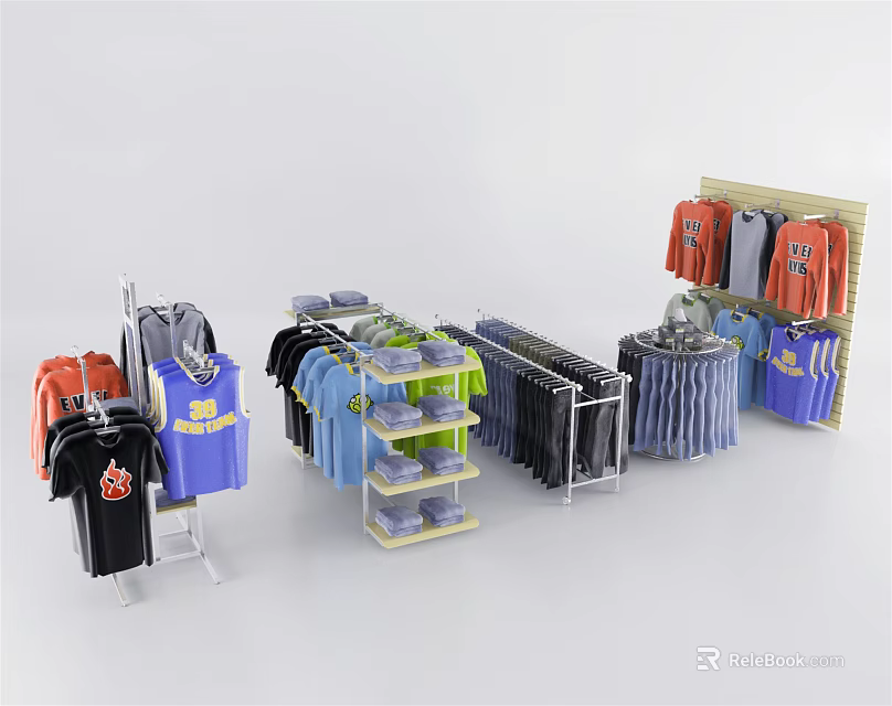 Display Shelves for Clothing with Hanging and Stacked Colorful T-Shirts 3d model 