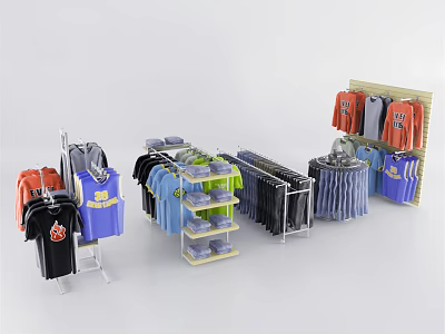 Display Shelves for Clothing with Hanging and Stacked Colorful T-Shirts 3d model