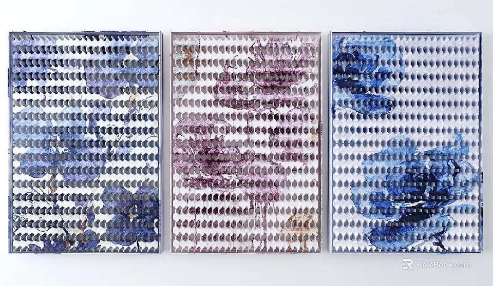 Modern Three Panel Wall Decor Featuring Blue Purple Sequin Circular Accents 3d model