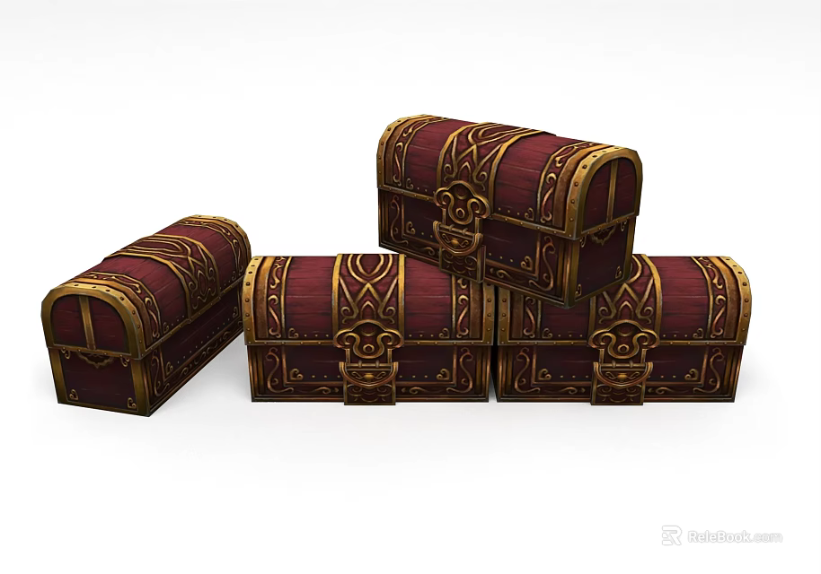 Red And Gold Decorative Chests With Ornate Patterns And Metal Clasps 3d model 