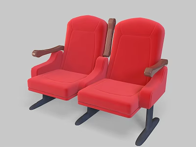 Comfortable Two Red Upholstered Public Theater Chairs With Wooden Armrests 3d model