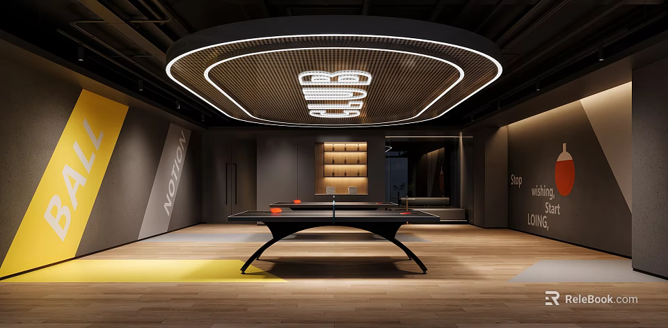 Modern Fitness Studio Interior With Curved LED Lighting And Wooden Floor 3d model 