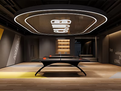 Modern Fitness Studio Interior With Curved LED Lighting And Wooden Floor 3d model