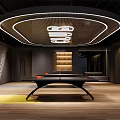 Modern Fitness Studio Interior With Curved LED Lighting And Wooden Floor